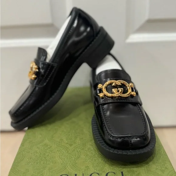 GUCCI Authentic Spice Lux Nappa Black Patent Gold Interlocking G Loafers US 4 34